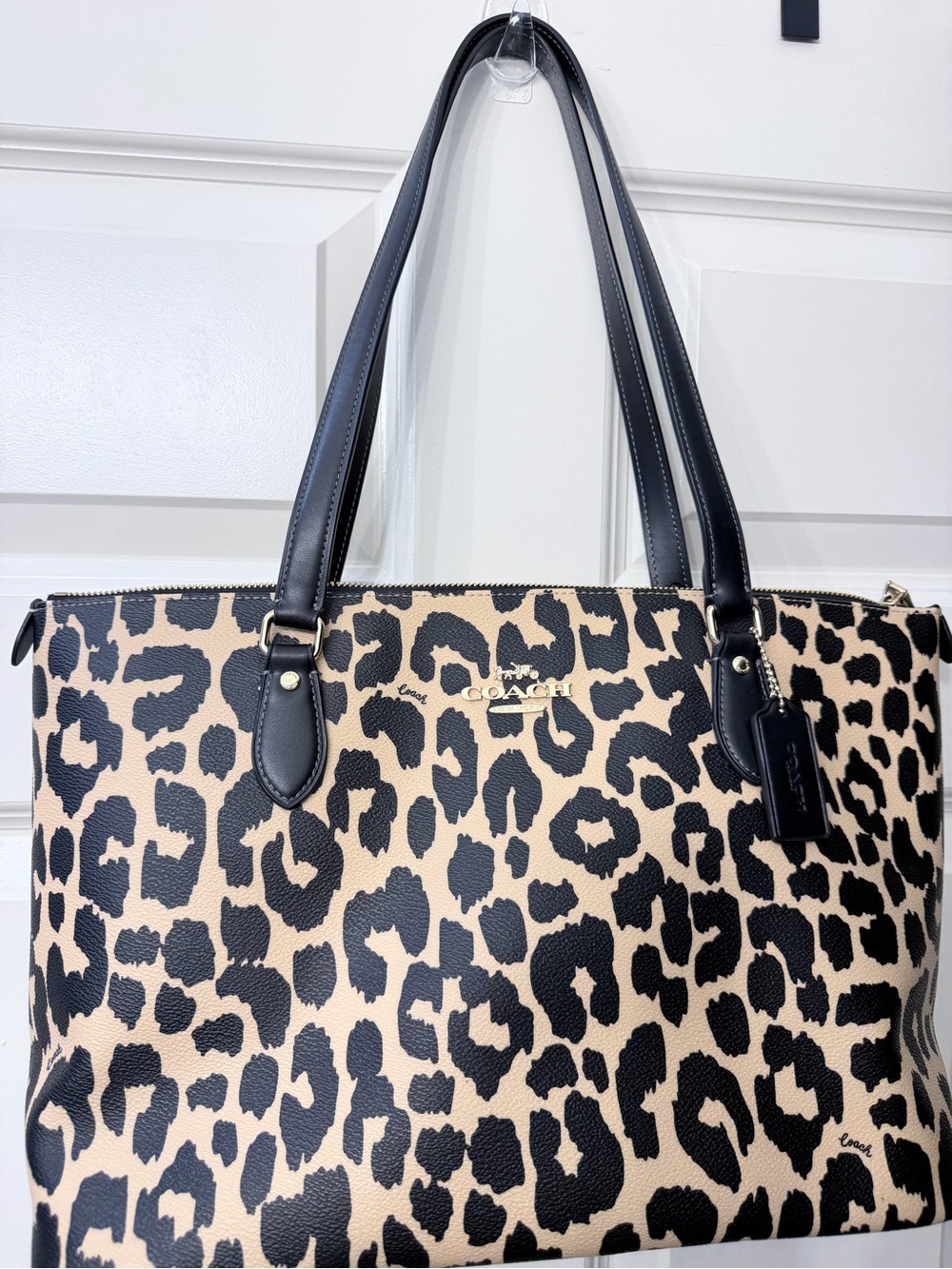 Coach Leopard Print Tote in Black and Tan